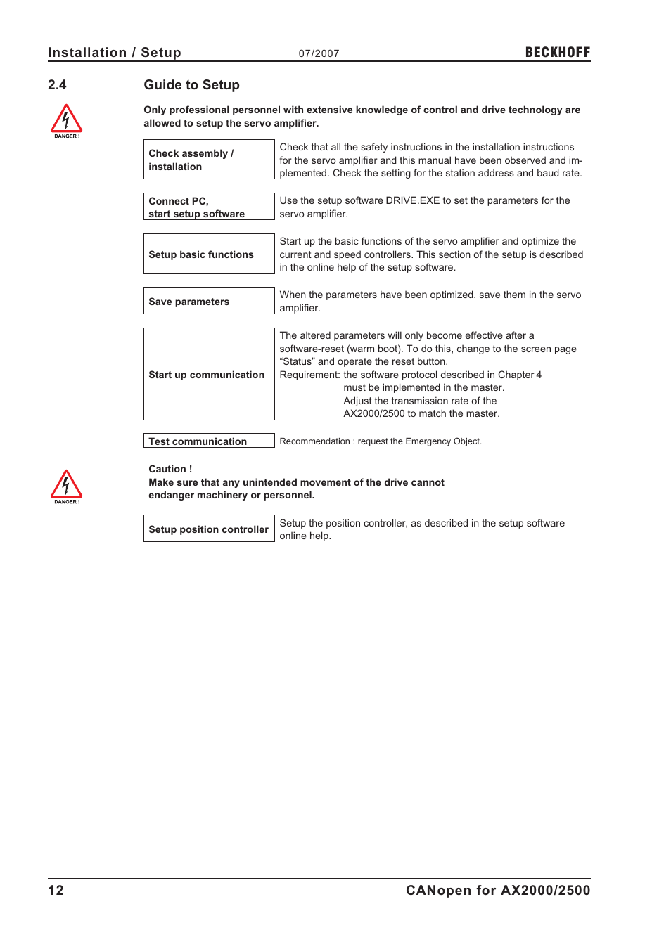 4 guide to setup, Setup, Guide to setup | Beckhoff | BECKHOFF AX2000 CANopen communication profile User Manual | Page 12 / 137