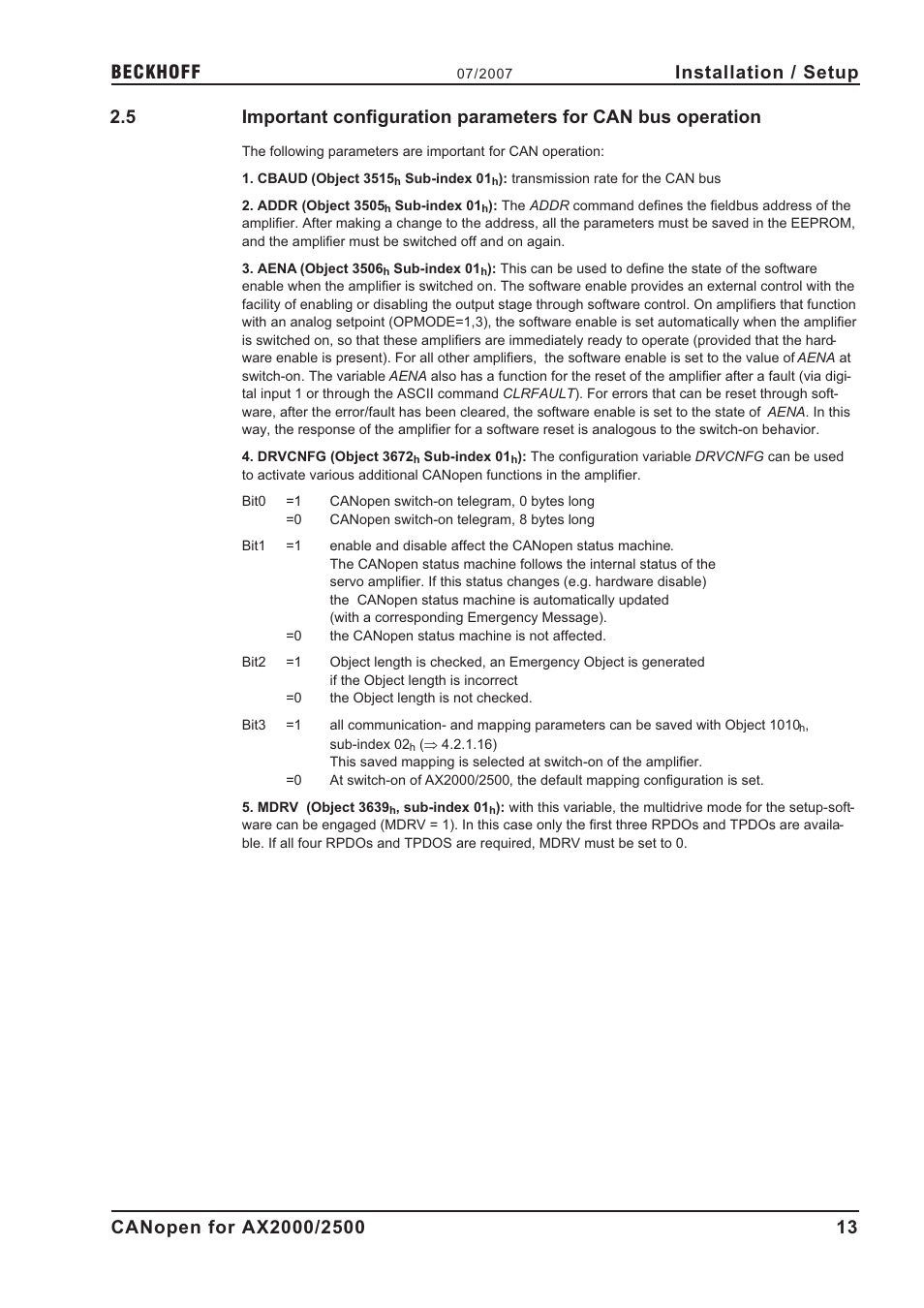 Configuration parameter, Installation / setup | BECKHOFF AX2000 CANopen communication profile User Manual | Page 13 / 137