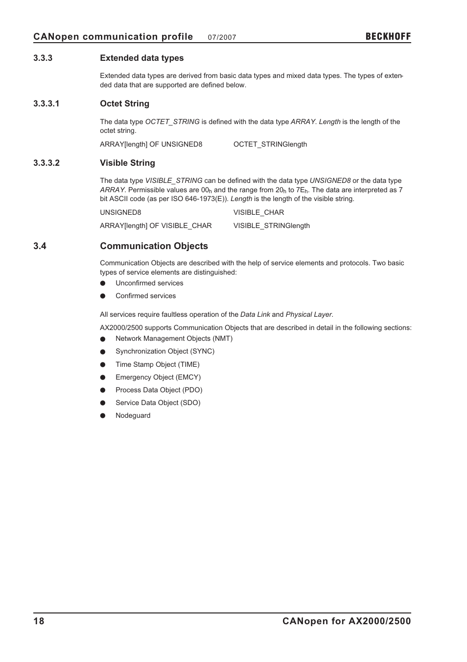 3 extended data types, 1 octet string, 2 visible string | 4 communication objects, Communication objects, Extended data types, Octet string, Visible string, Beckhoff | BECKHOFF AX2000 CANopen communication profile User Manual | Page 18 / 137