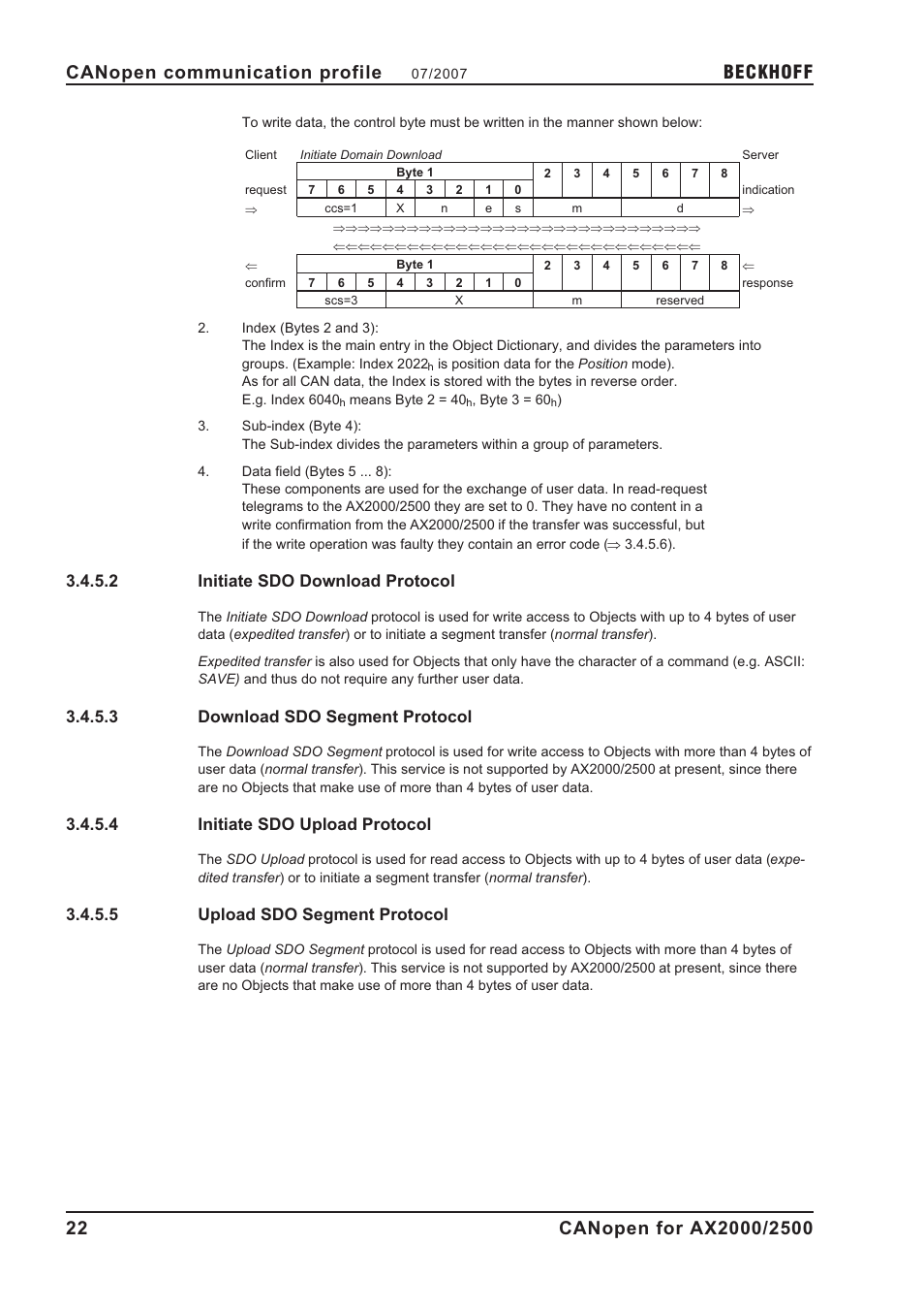 2 initiate sdo download protocol, 3 download sdo segment protocol, 4 initiate sdo upload protocol | 5 upload sdo segment protocol, Initiate sdo download protocol, Download sdo segment protocol, Initiate sdo upload protocol, Upload sdo segment protocol, Beckhoff | BECKHOFF AX2000 CANopen communication profile User Manual | Page 22 / 137