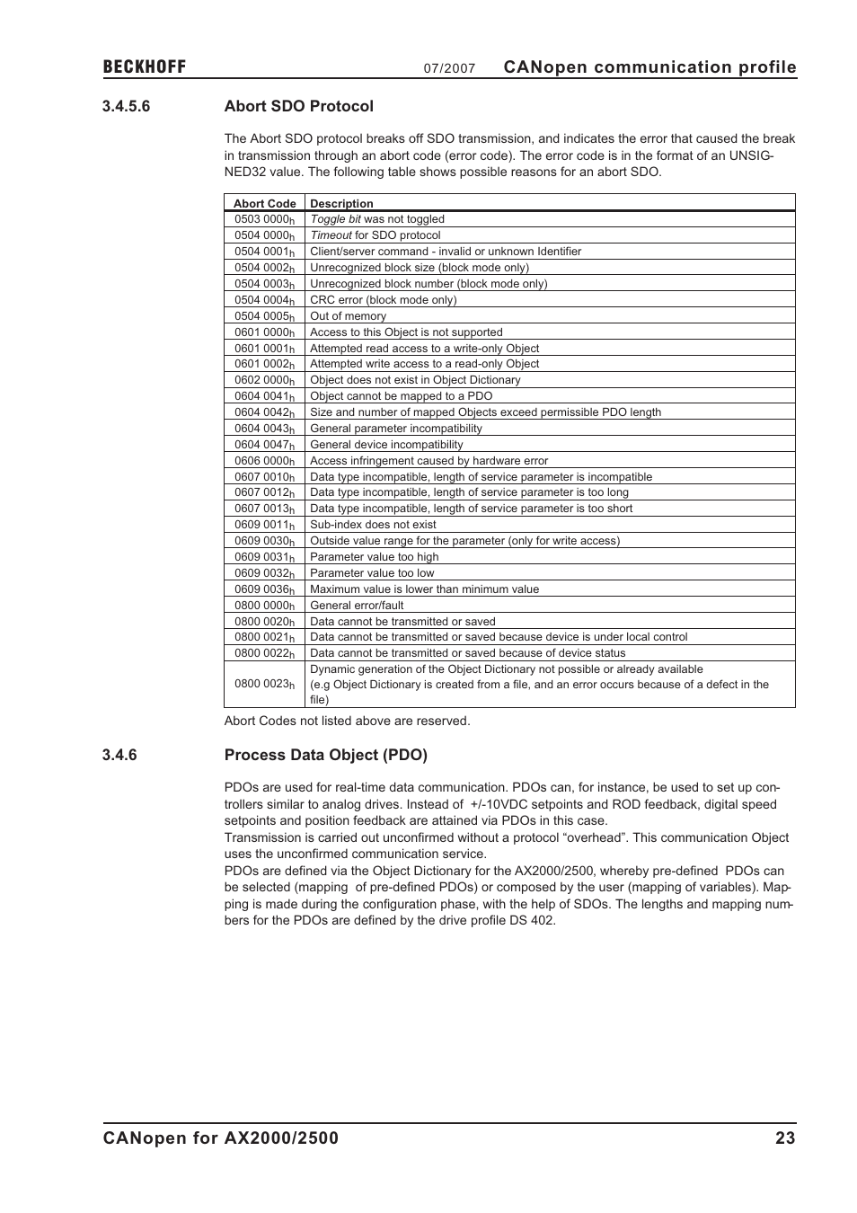 6 abort sdo protocol, 6 process data object (pdo), Process data object | Sdo abort codes, Abort sdo protocol, Process data object (pdo), Canopen communication profile | BECKHOFF AX2000 CANopen communication profile User Manual | Page 23 / 137
