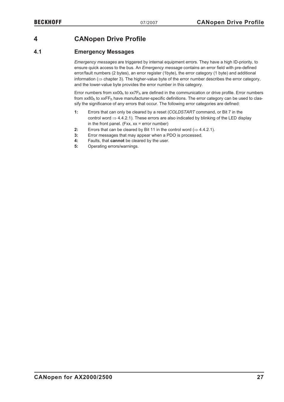 4 canopen drive profile, 1 emergency messages, Drive profile | Emergency message, C a n o p e n d r i ve p r o f i l e, Emergency messages, 4canopen drive profile, Canopen drive profile | BECKHOFF AX2000 CANopen communication profile User Manual | Page 27 / 137