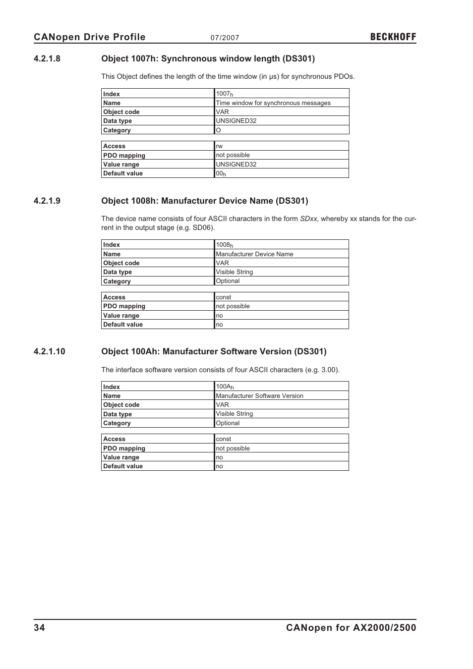 8 object 1007h: synchronous window length (ds301), 9 object 1008h: manufacturer device name (ds301), 1007h | 1008h, 100ah, Object 1007h: synchronous window length (ds301), Object 1008h: manufacturer device name (ds301), Beckhoff | BECKHOFF AX2000 CANopen communication profile User Manual | Page 34 / 137