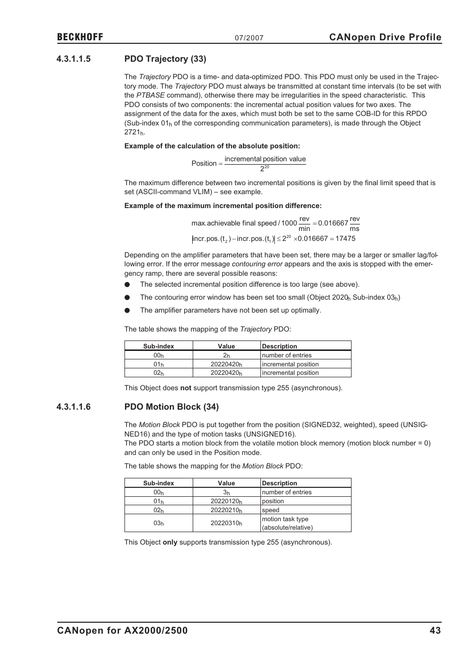 5 pdo trajectory (33), 6 pdo motion block (34), Pdo trajectory (33) | Pdo motion block (34), Canopen drive profile | BECKHOFF AX2000 CANopen communication profile User Manual | Page 43 / 137