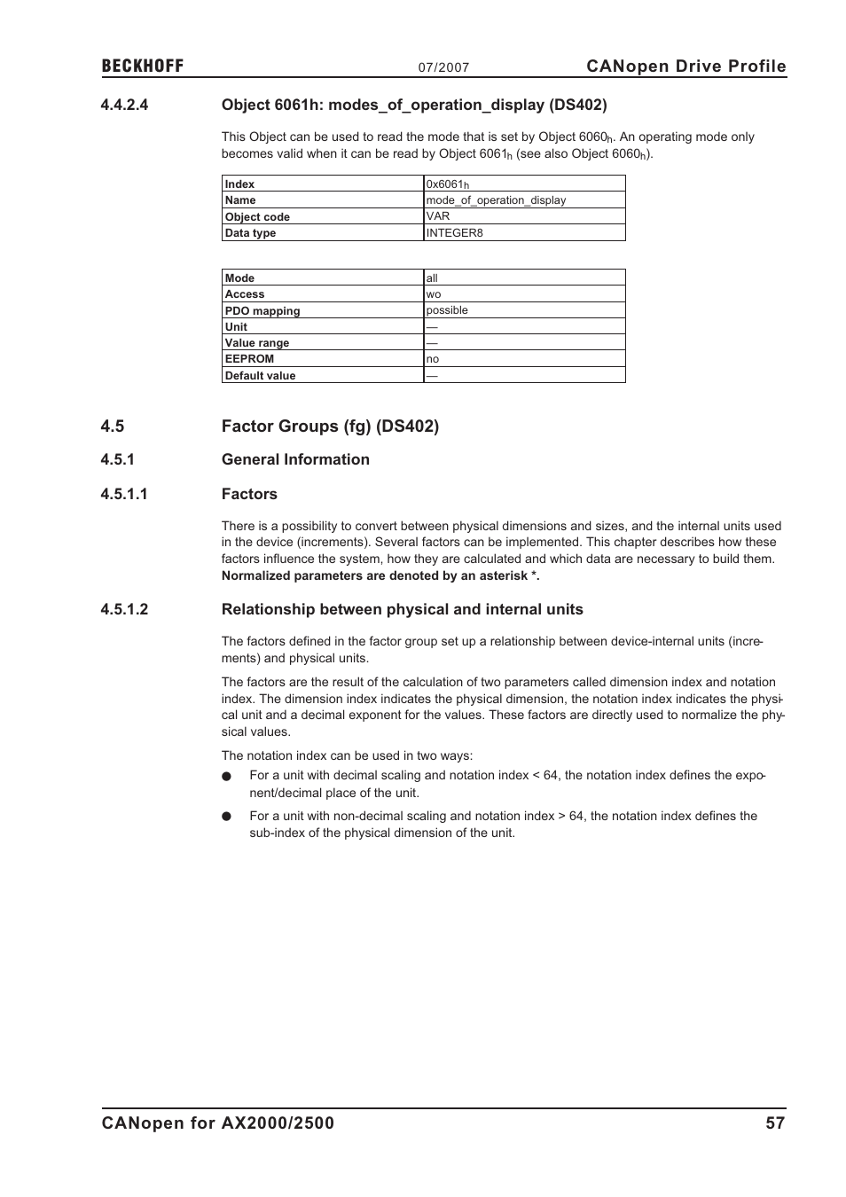 4 object 6061h: modes_of_operation_display (ds402), 5 factor groups (fg) (ds402), 1 general information | 1 factors, 2 relationship between physical and internal units, 6061h, Factor groups, Object 6061h: modes_of_operation_display (ds402), Factor groups (fg) (ds402), General information | BECKHOFF AX2000 CANopen communication profile User Manual | Page 57 / 137