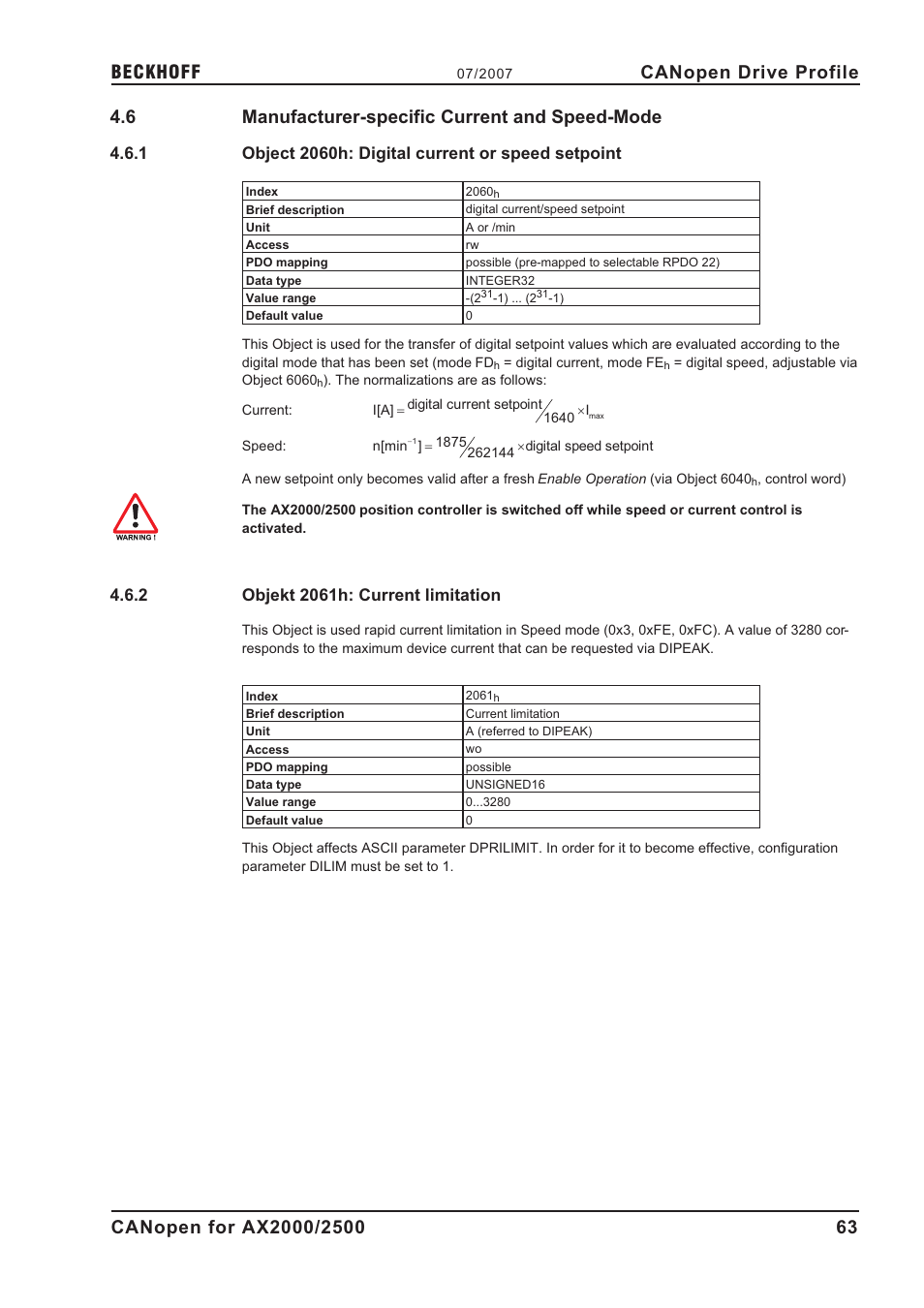 6 manufacturer-specific current and speed-mode, 1 object 2060h: digital current or speed setpoint, 2 objekt 2061h: current limitation | 2060h, 2061h, Digital setpoint, Manufacturer-specific current and speed-mode, Object 2060h: digital current or speed setpoint, Objekt 2061h: current limitation, Canopen drive profile | BECKHOFF AX2000 CANopen communication profile User Manual | Page 63 / 137