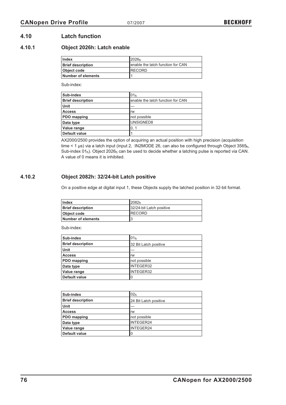 10 latch function, 1 object 2026h: latch enable, 2 object 2082h: 32/24-bit latch positive | 2026h, 2082h, Latch function, Object 2026h: latch enable, Object 2082h: 32/24-bit latch positive, Beckhoff | BECKHOFF AX2000 CANopen communication profile User Manual | Page 76 / 137