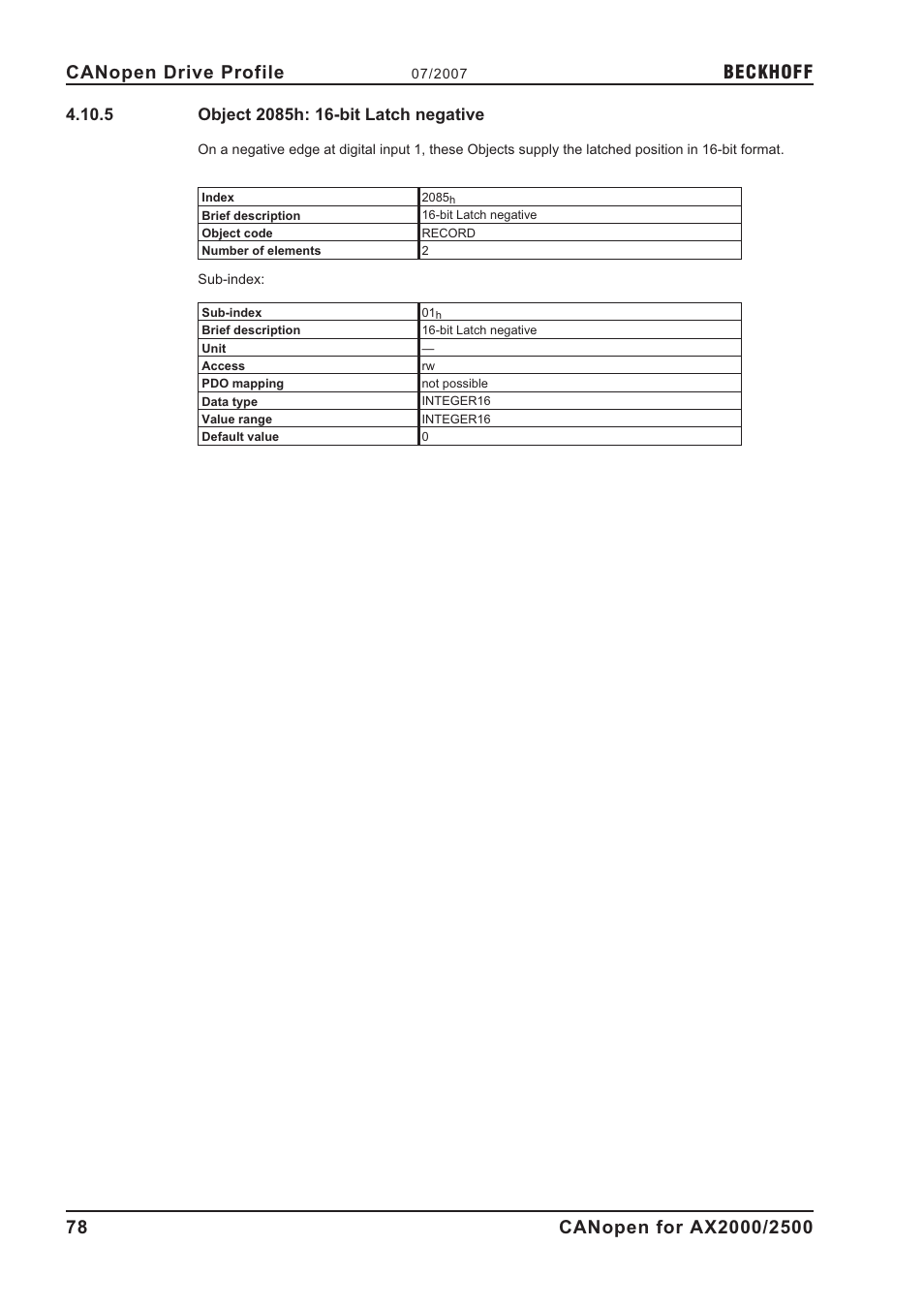 5 object 2085h: 16-bit latch negative, 2085h, Object 2085h: 16-bit latch negative | Beckhoff | BECKHOFF AX2000 CANopen communication profile User Manual | Page 78 / 137