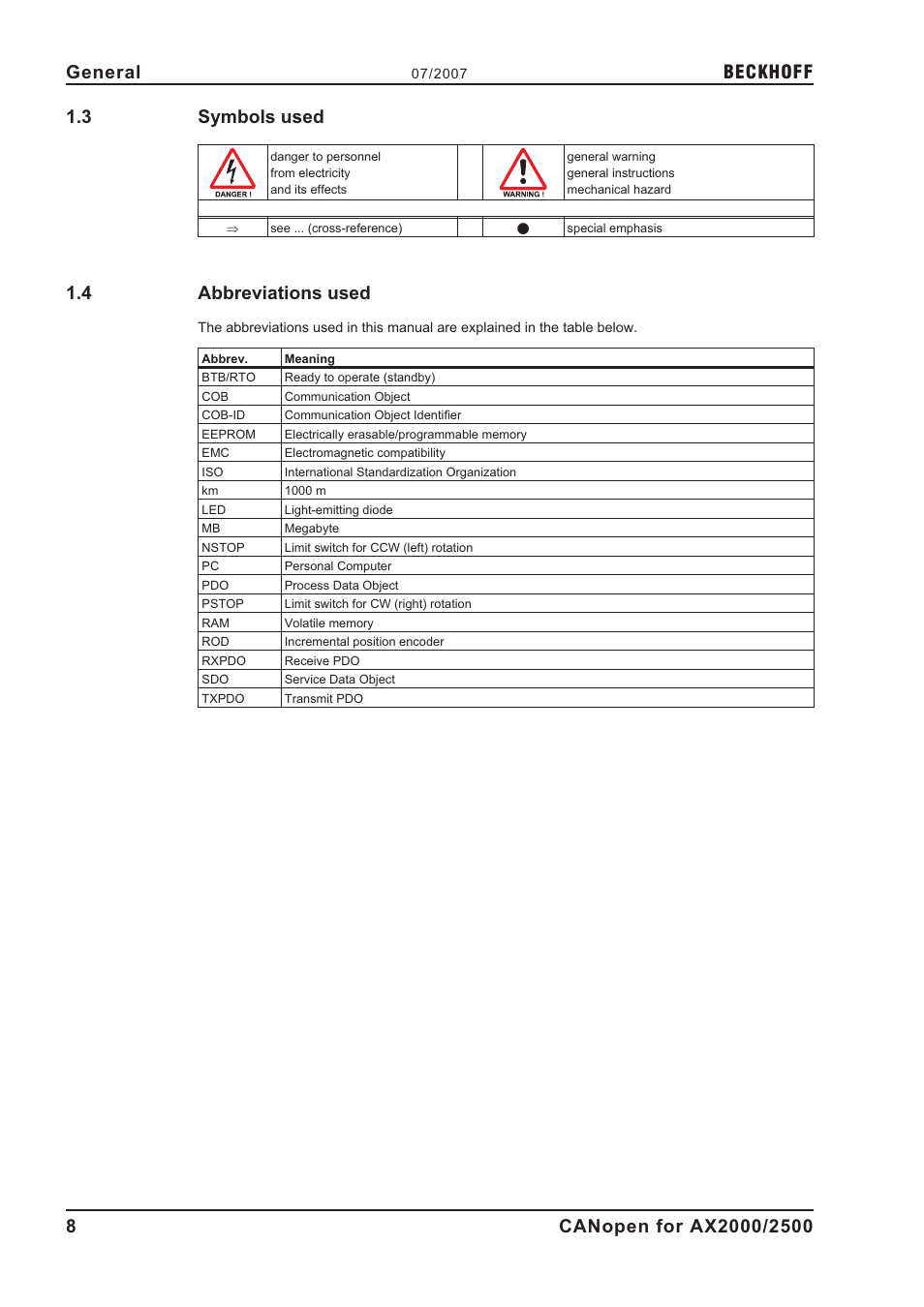 3 symbols used, 4 abbreviations used, Abbreviations | Symbols used, Abbreviations used, Beckhoff | BECKHOFF AX2000 CANopen communication profile User Manual | Page 8 / 137