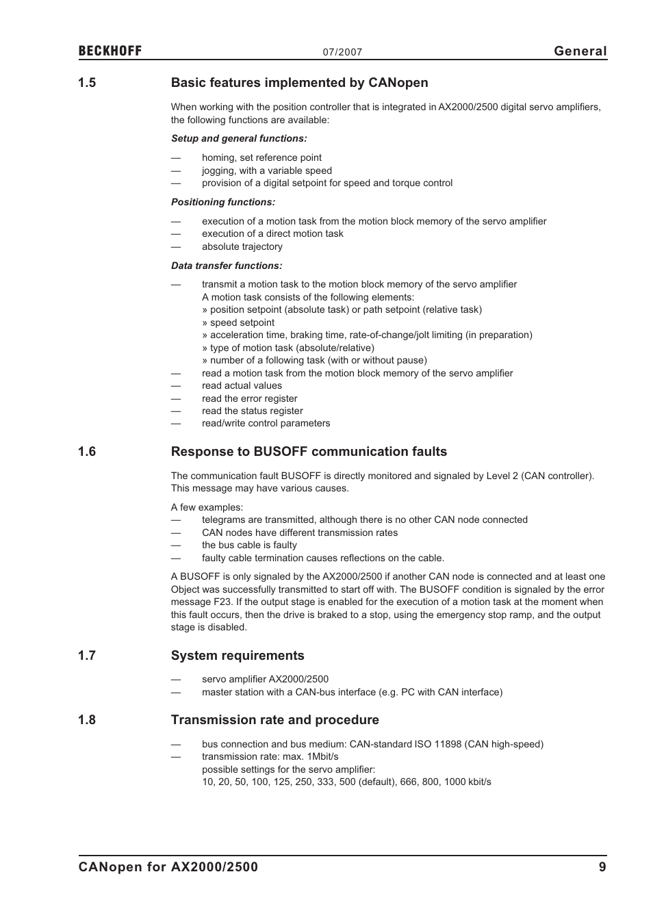 5 basic features implemented by canopen, 6 response to busoff communication faults, 7 system requirements | 8 transmission rate and procedure, Basic features, Communication faults, Data transfer functions, Positioning functions, Setup functions, System requirements | BECKHOFF AX2000 CANopen communication profile User Manual | Page 9 / 137