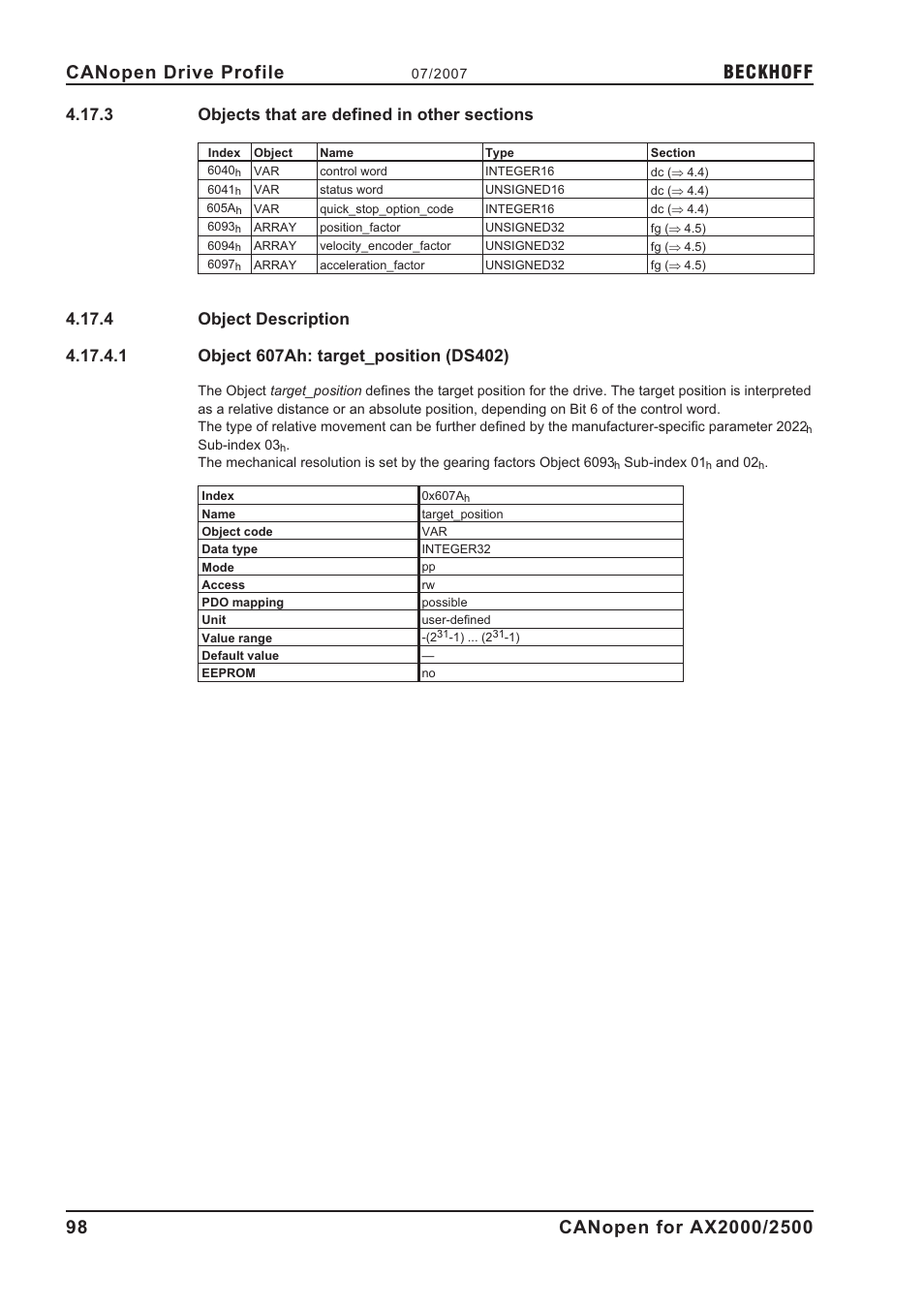 3 objects that are defined in other sections, 4 object description, 1 object 607ah: target_position (ds402) | 607ah, Objects that are defined in other sections, Object description, Object 607ah: target_position (ds402), Beckhoff | BECKHOFF AX2000 CANopen communication profile User Manual | Page 98 / 137