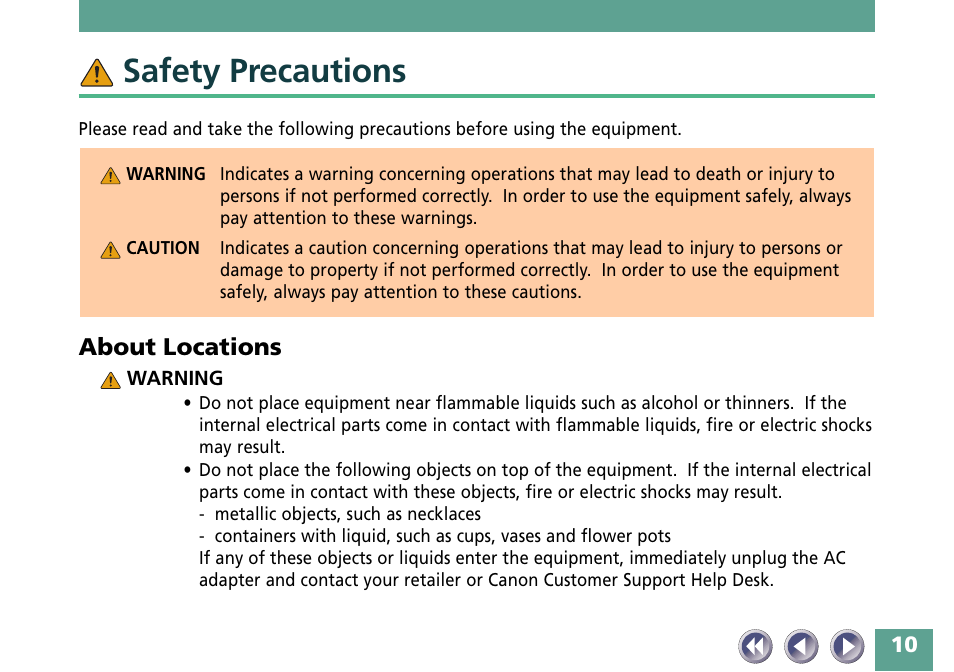 Safety precautions, About locations | Canon FB330P/FB630P User Manual | Page 10 / 82