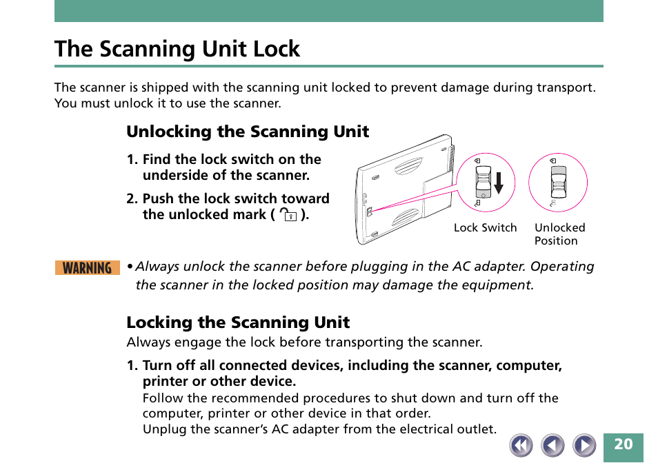 The scanning unit lock, Unlocking the scanning unit, Locking the scanning unit | Canon FB330P/FB630P User Manual | Page 20 / 82