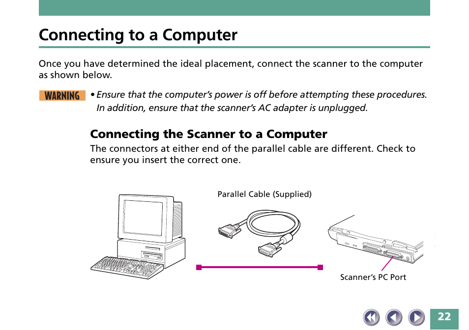 Connecting to a computer, Connecting the scanner to a computer | Canon FB330P/FB630P User Manual | Page 22 / 82