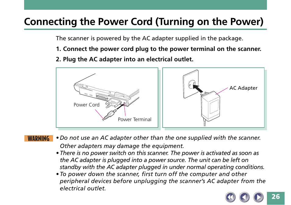 Connecting the power cord (turning on the power) | Canon FB330P/FB630P User Manual | Page 26 / 82