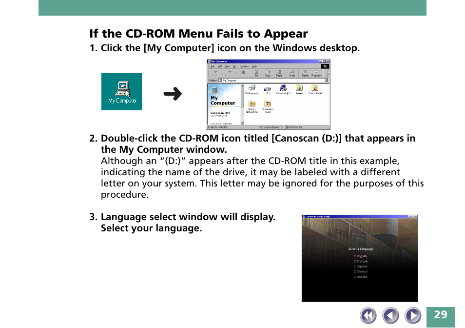 If the cd-rom menu fails to appear | Canon FB330P/FB630P User Manual | Page 29 / 82