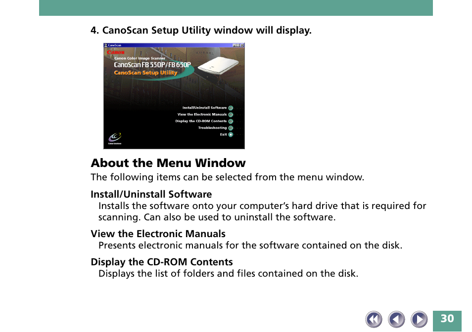 About the menu window | Canon FB330P/FB630P User Manual | Page 30 / 82