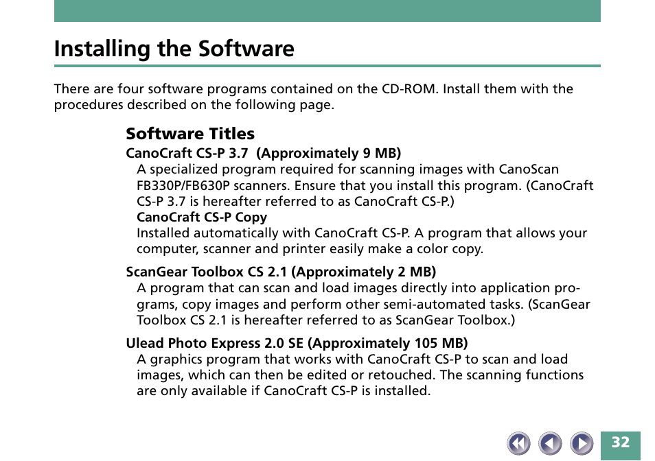 Installing the software, Software titles | Canon FB330P/FB630P User Manual | Page 32 / 82