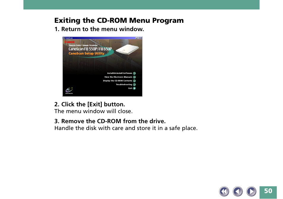 Exiting the cd-rom menu program | Canon FB330P/FB630P User Manual | Page 50 / 82