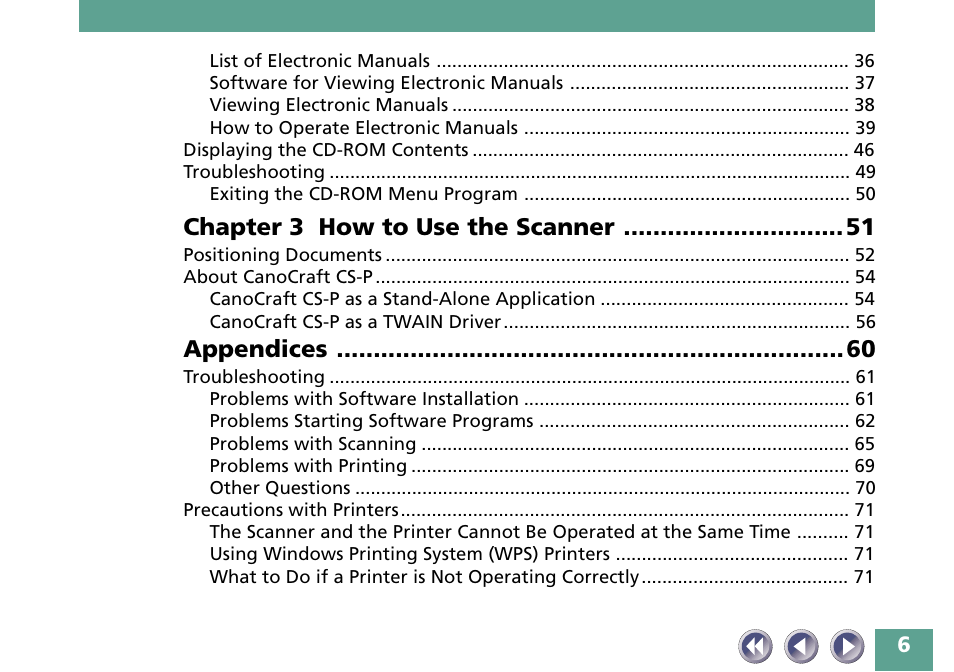 Chapter 3 how to use the scanner, Appendices | Canon FB330P/FB630P User Manual | Page 6 / 82