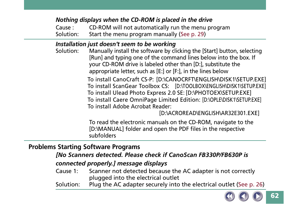 Problems starting software programs | Canon FB330P/FB630P User Manual | Page 62 / 82