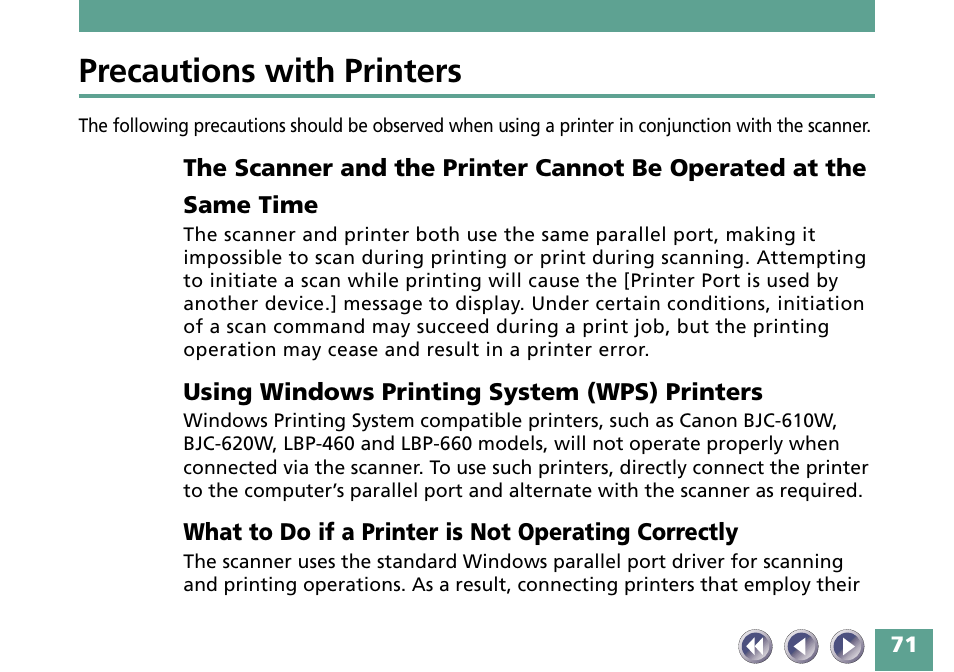 Precautions with printers, Using windows printing system (wps) printers, What to do if a printer is not operating correctly | Canon FB330P/FB630P User Manual | Page 71 / 82