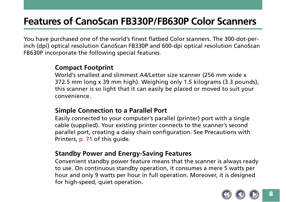 Features of canoscan fb330p/fb630p color scanners | Canon FB330P/FB630P User Manual | Page 8 / 82