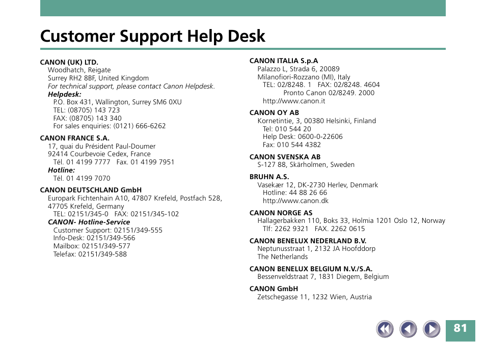 Customer support help desk, P. 81-82 | Canon FB330P/FB630P User Manual | Page 81 / 82