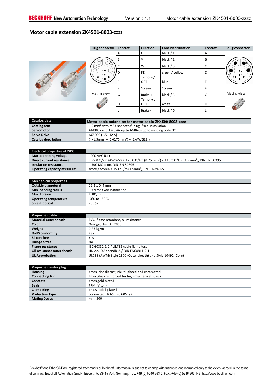 Motor cable extension zk4501-8003-zzzz | BECKHOFF AM8000 User Manual | Page 5 / 18