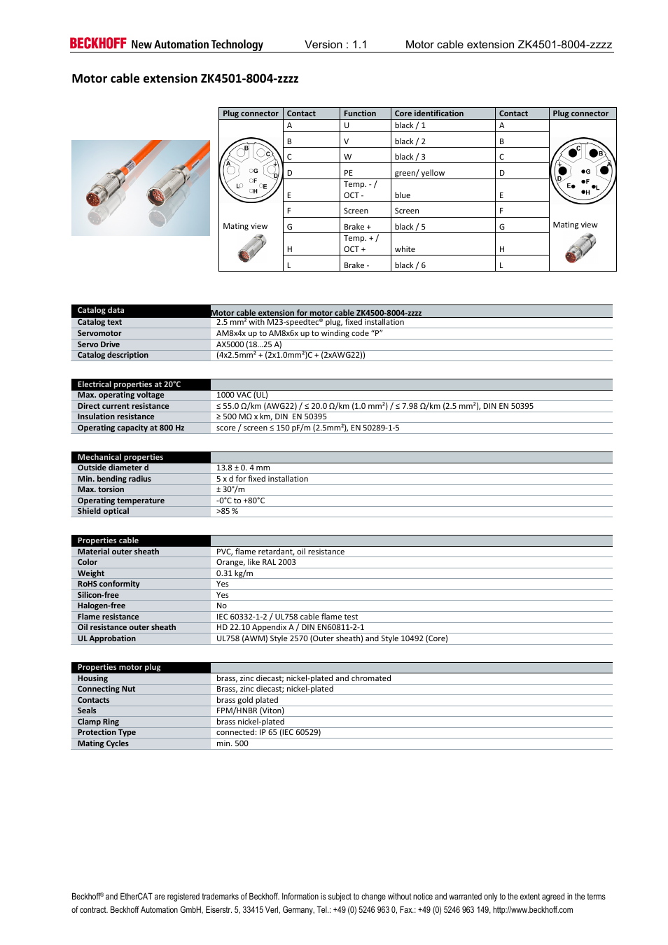 Motor cable extension zk4501-8004-zzzz | BECKHOFF AM8000 User Manual | Page 9 / 18