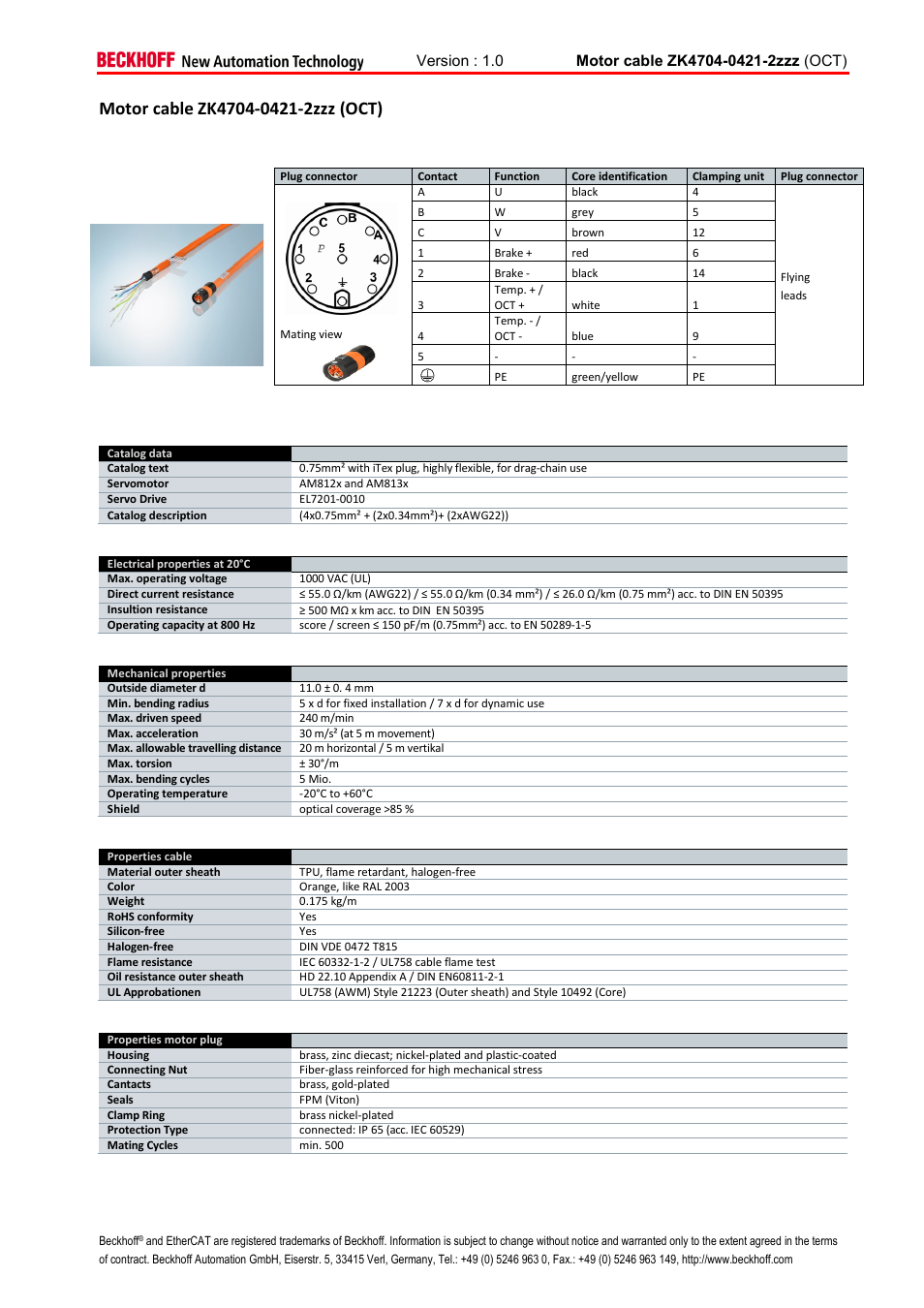 Motor cable zk4704-0421-2zzz (oct) | BECKHOFF AM8100 User Manual | Page 2 / 4