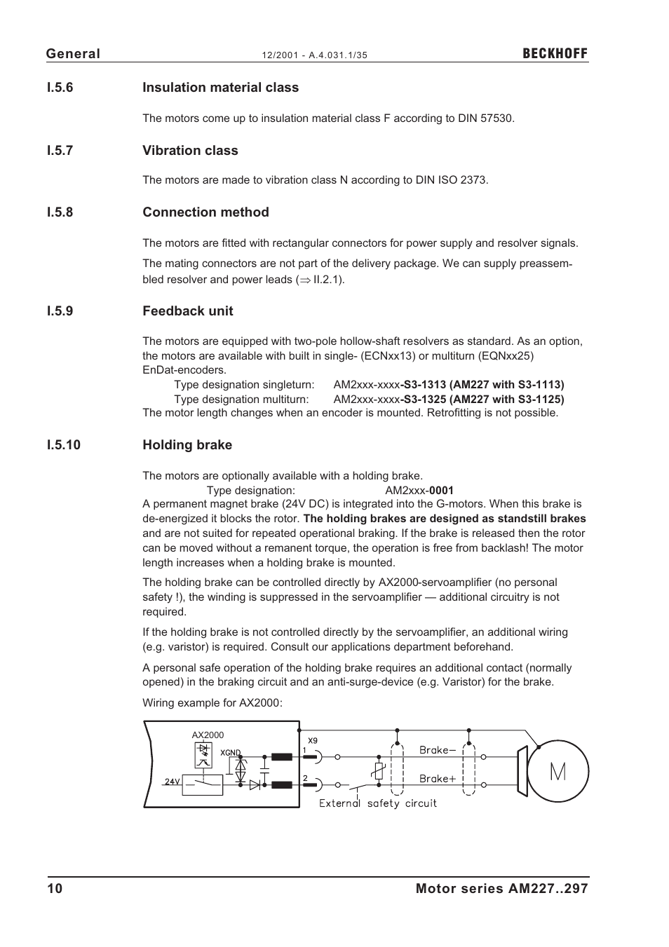 I.5.6 insulation material class, I.5.7 vibration class, I.5.8 connection method | I.5.9 feedback unit, I.5.10 holding brake, Connection method, Encoder, Feedback unit, Holding brake, Insulation material class | BECKHOFF AM2000 User Manual | Page 10 / 34