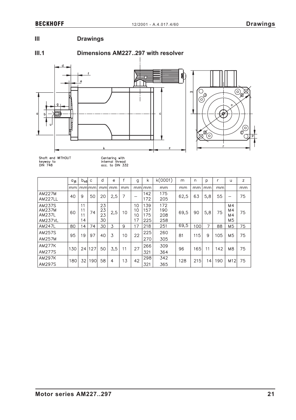 Iii drawings, Iii.1 dimensions am227 with resolver, Dimensions | Drawings, Iii.1, Dimensions am227 with resolver, A.4.017.4/60 | BECKHOFF AM2000 User Manual | Page 21 / 34
