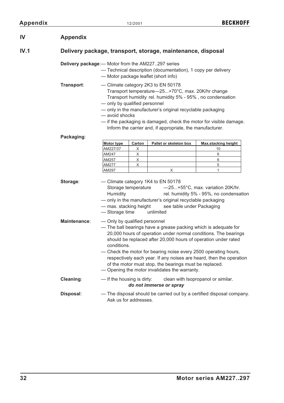 Iv appendix, Delivery package, Disposal | Maintenance, Storage, Storage humidity, Storage temperature, Storage time, Transport, Appendix | BECKHOFF AM2000 User Manual | Page 32 / 34