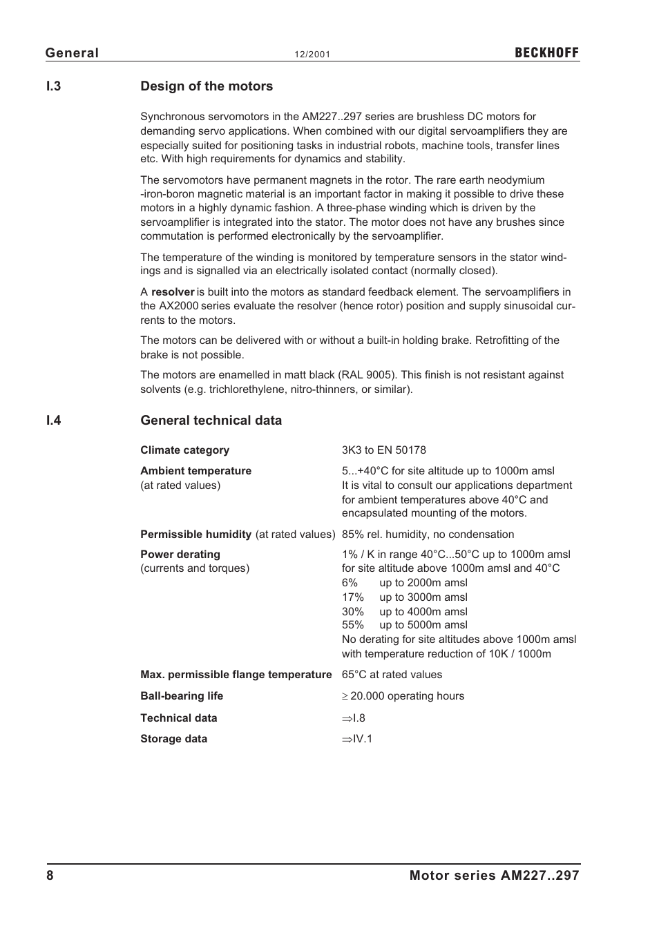 I.3 design of the motors, I.4 general technical data, Ambient temperature | Flange temperature, Power derating, Servo amplifier, Design of the motors, General technical data | BECKHOFF AM2000 User Manual | Page 8 / 34