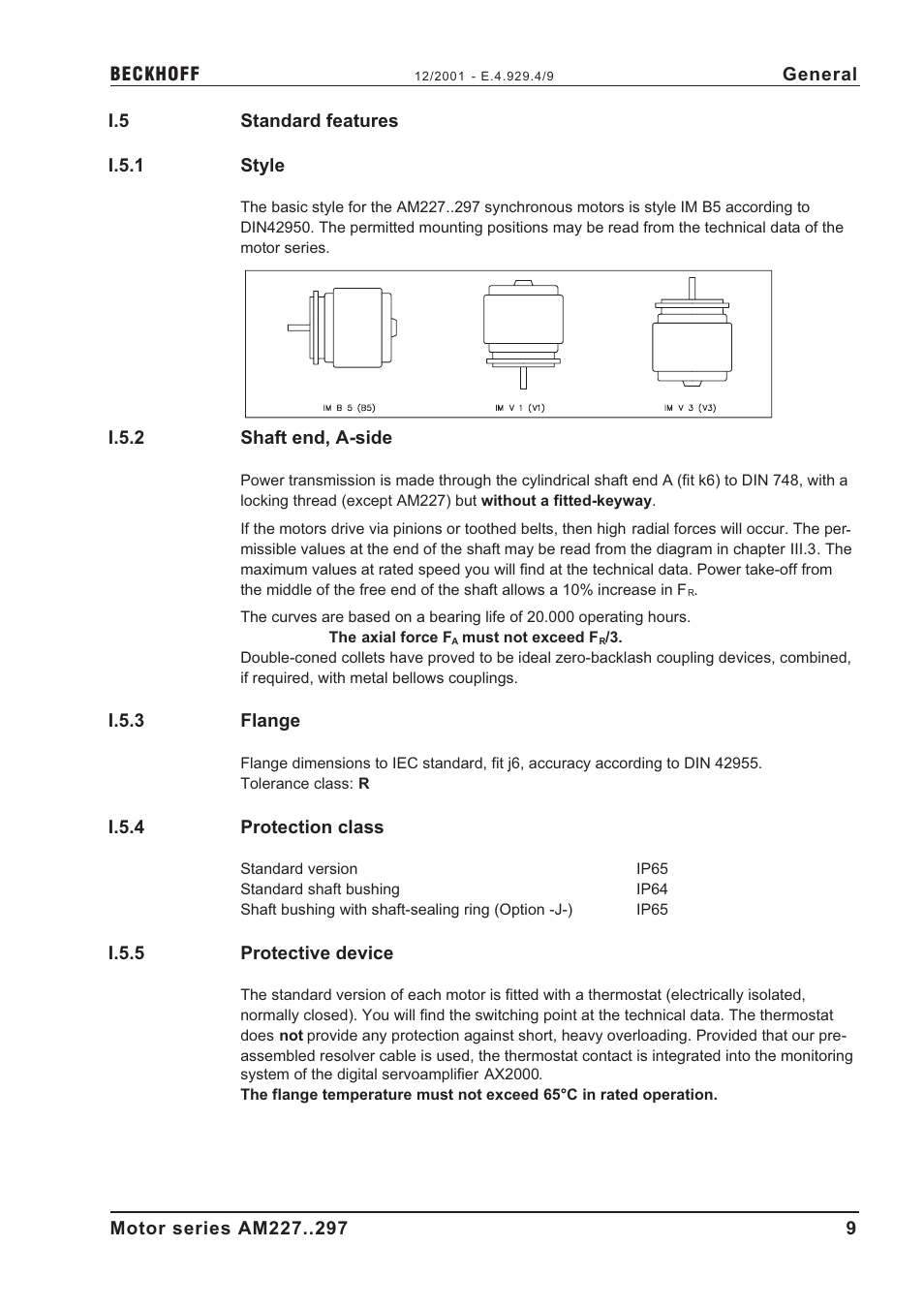 I.5 standard features, I.5.1 style, I.5.2 shaft end, a-side | I.5.3 flange, I.5.4 protection class, I.5.5 protective device, Axial force, Coupling, Protection class, Protective device | BECKHOFF AM2000 User Manual | Page 9 / 34