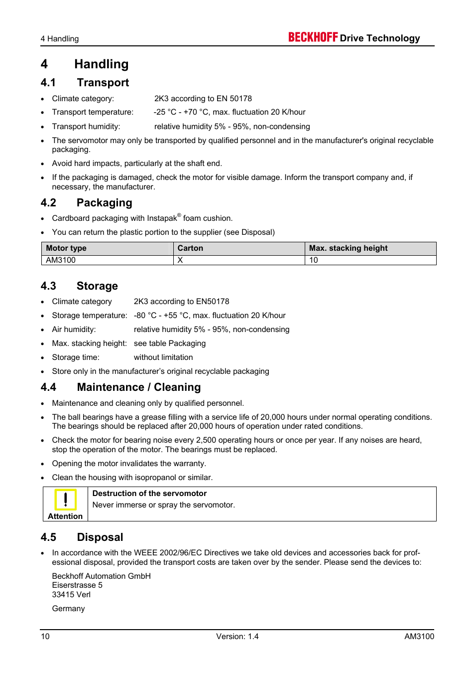 1 transport, 2 packaging, 3 storage | 4 maintenance / cleaning, 5 disposal, 5 product identification, 4 handling | BECKHOFF AM3100 User Manual | Page 10 / 31