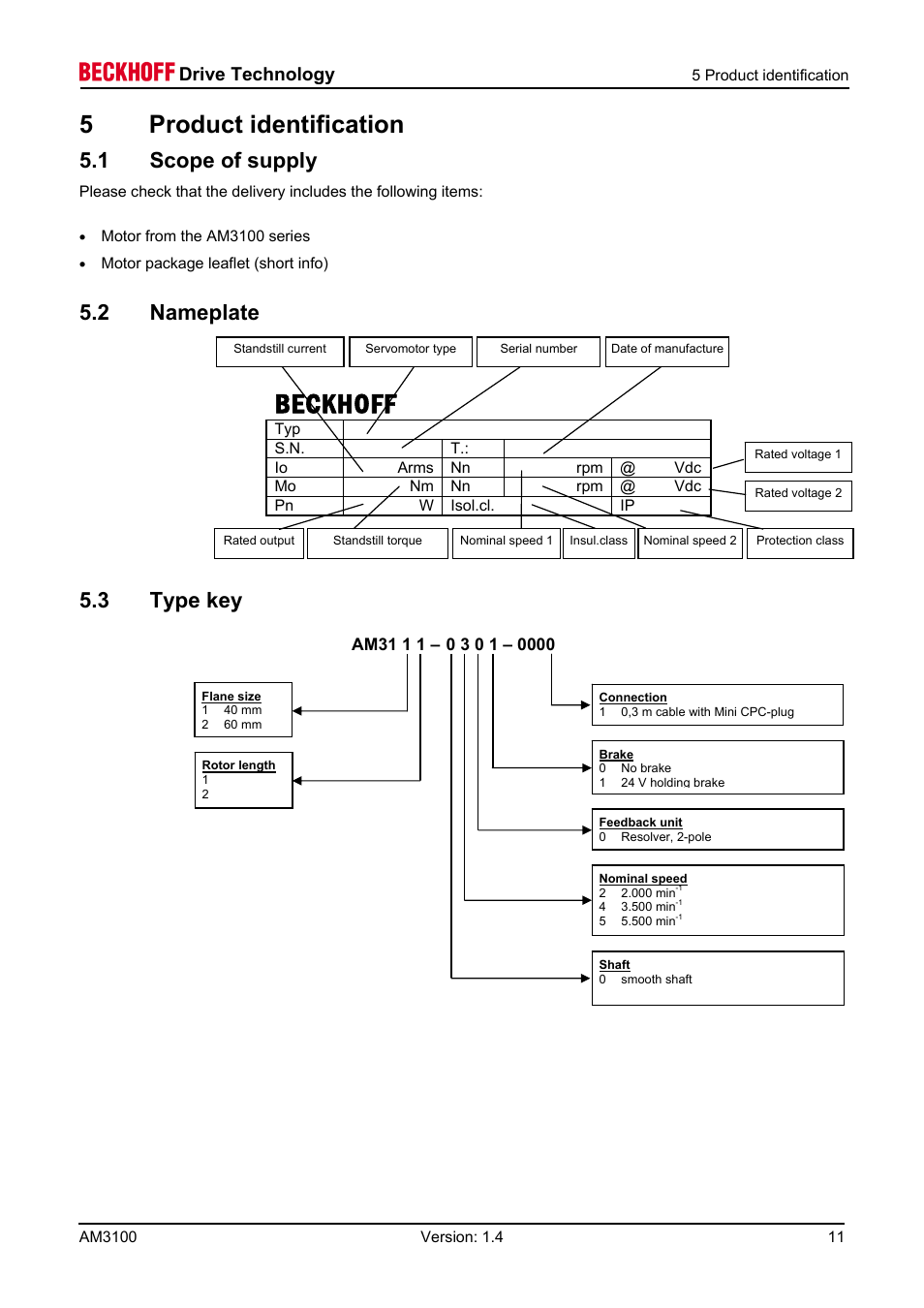 1 scope of supply, 2 nameplate, 3 type key | 6 technical description, Beckhoff, 5 product identification, Drive technology | BECKHOFF AM3100 User Manual | Page 11 / 31
