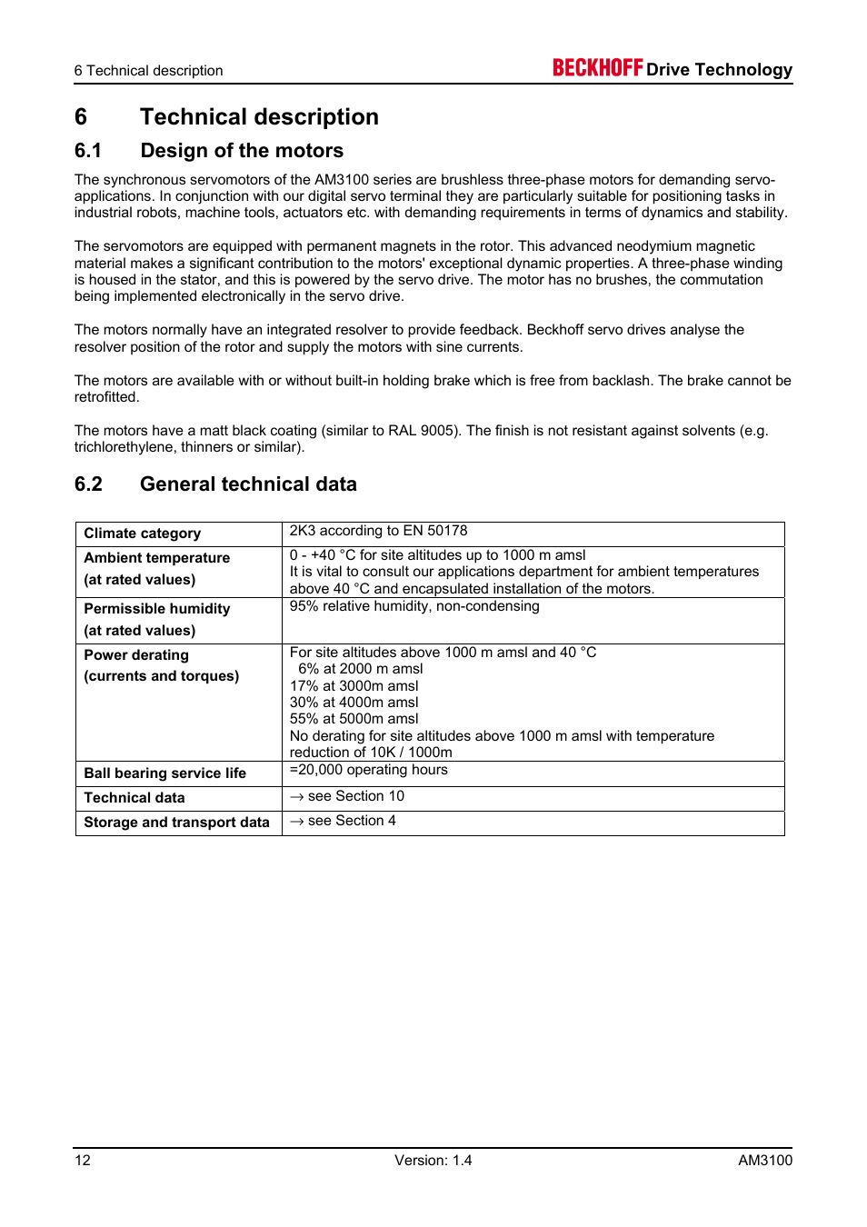 1 design of the motors, 2 general technical data, 6 technical description | BECKHOFF AM3100 User Manual | Page 12 / 31