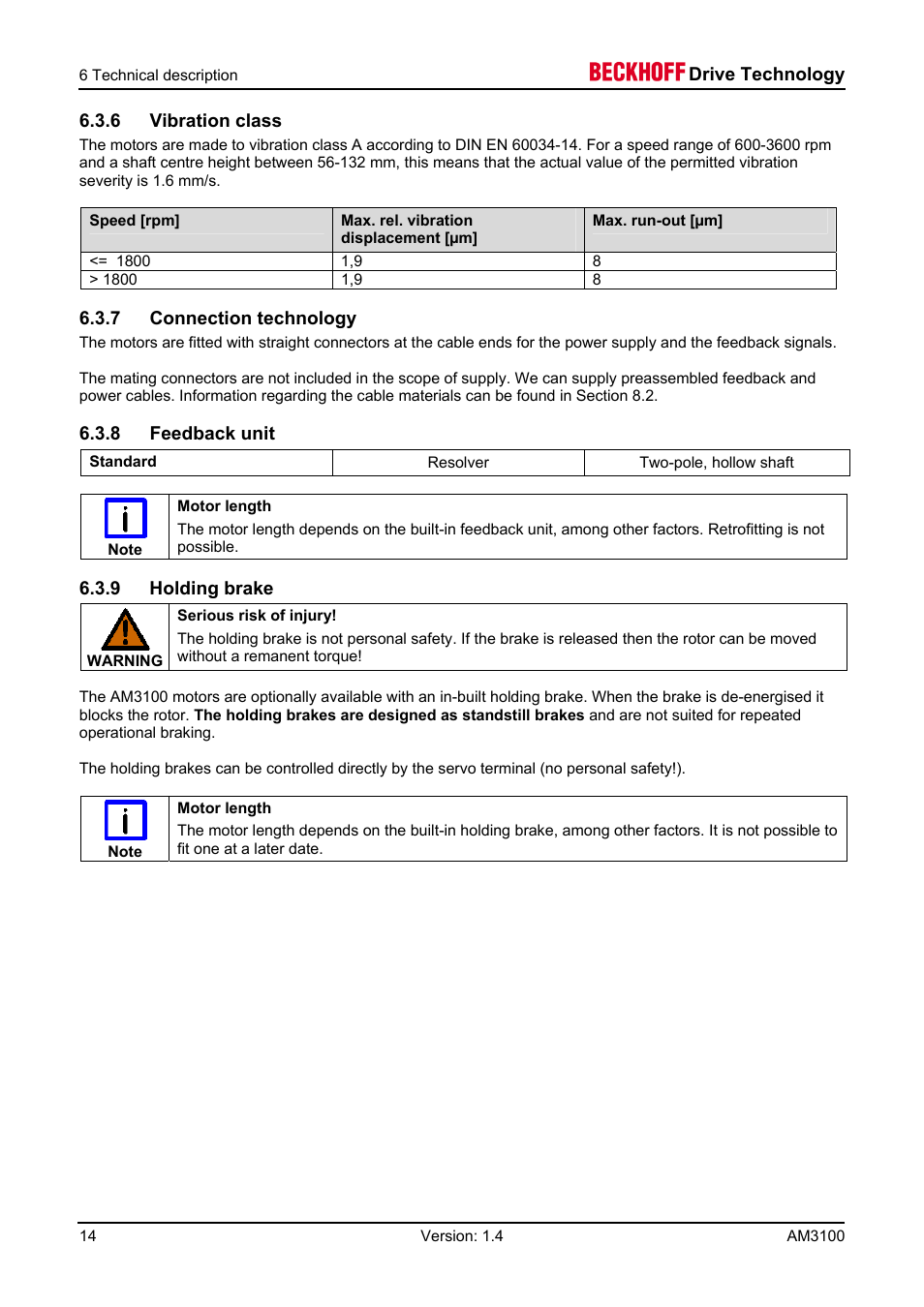 6 vibration class, 7 connection technology, 8 feedback unit | 9 holding brake | BECKHOFF AM3100 User Manual | Page 14 / 31