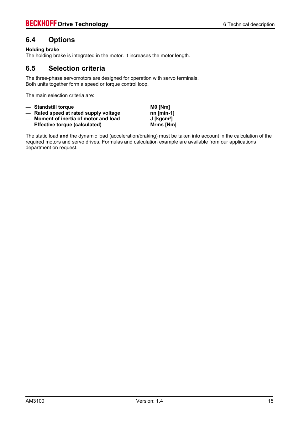 4 options, 5 selection criteria, 7 mechanical installation | BECKHOFF AM3100 User Manual | Page 15 / 31