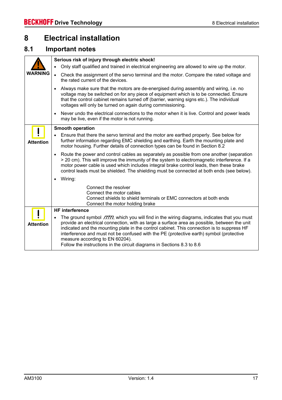 1 important notes, 8 electrical installation | BECKHOFF AM3100 User Manual | Page 17 / 31