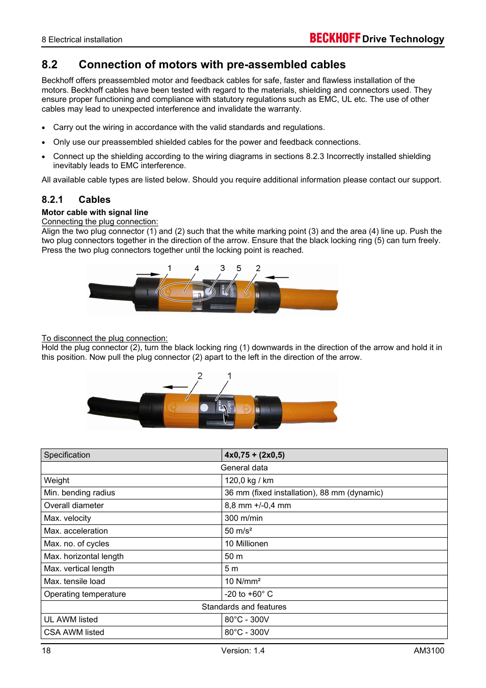 2 connection of motors with pre-assembled cables, 1 cables | BECKHOFF AM3100 User Manual | Page 18 / 31