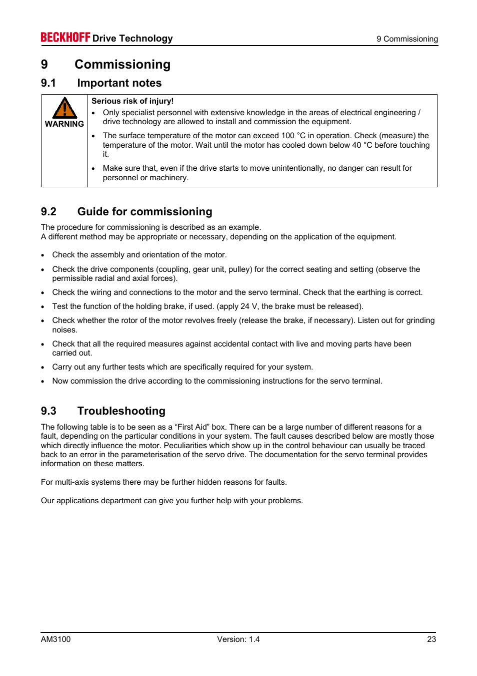1 important notes, 2 guide for commissioning, 3 troubleshooting | 9 commissioning | BECKHOFF AM3100 User Manual | Page 23 / 31