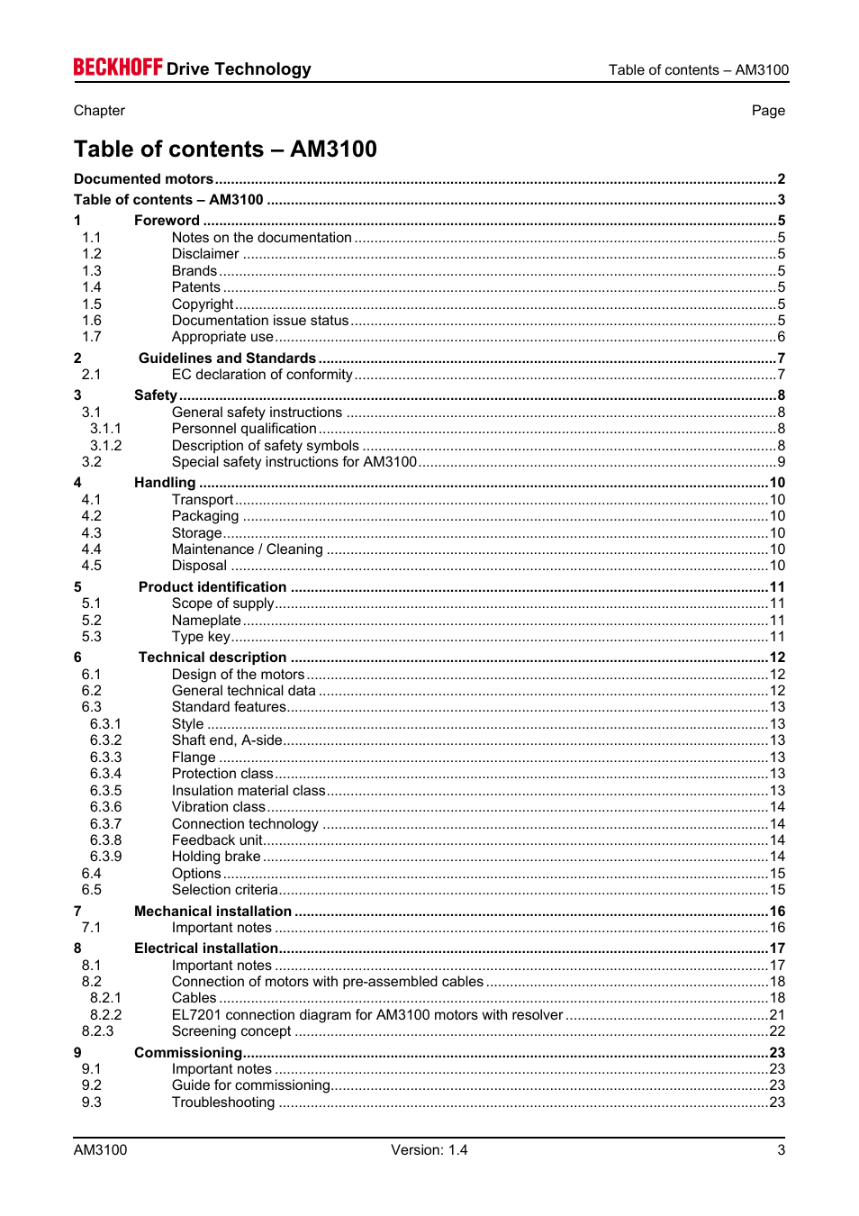 Table of contents – am3100 | BECKHOFF AM3100 User Manual | Page 3 / 31