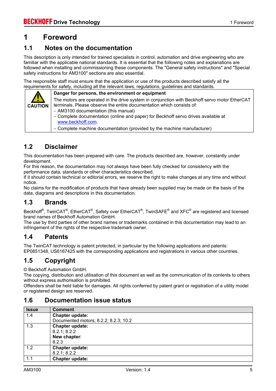 1 notes on the documentation, 2 disclaimer, 3 brands | 4 patents, 5 copyright, 6 documentation issue status, 1 foreword | BECKHOFF AM3100 User Manual | Page 5 / 31