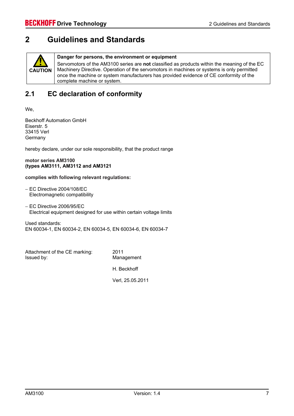 1 ec declaration of conformity, 3 safety, 2guidelines and standards | BECKHOFF AM3100 User Manual | Page 7 / 31