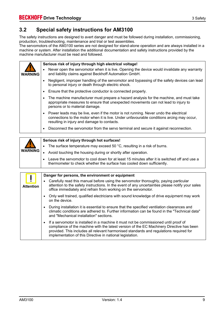2 special safety instructions for am3100, 4 handling, Drive technology | BECKHOFF AM3100 User Manual | Page 9 / 31