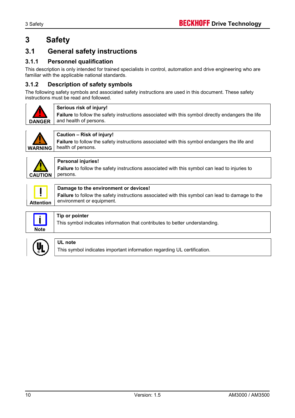 3 safety, 1 general safety instructions, 1 personnel qualification | 2 description of safety symbols, 3safety | BECKHOFF AM3000 User Manual | Page 10 / 65