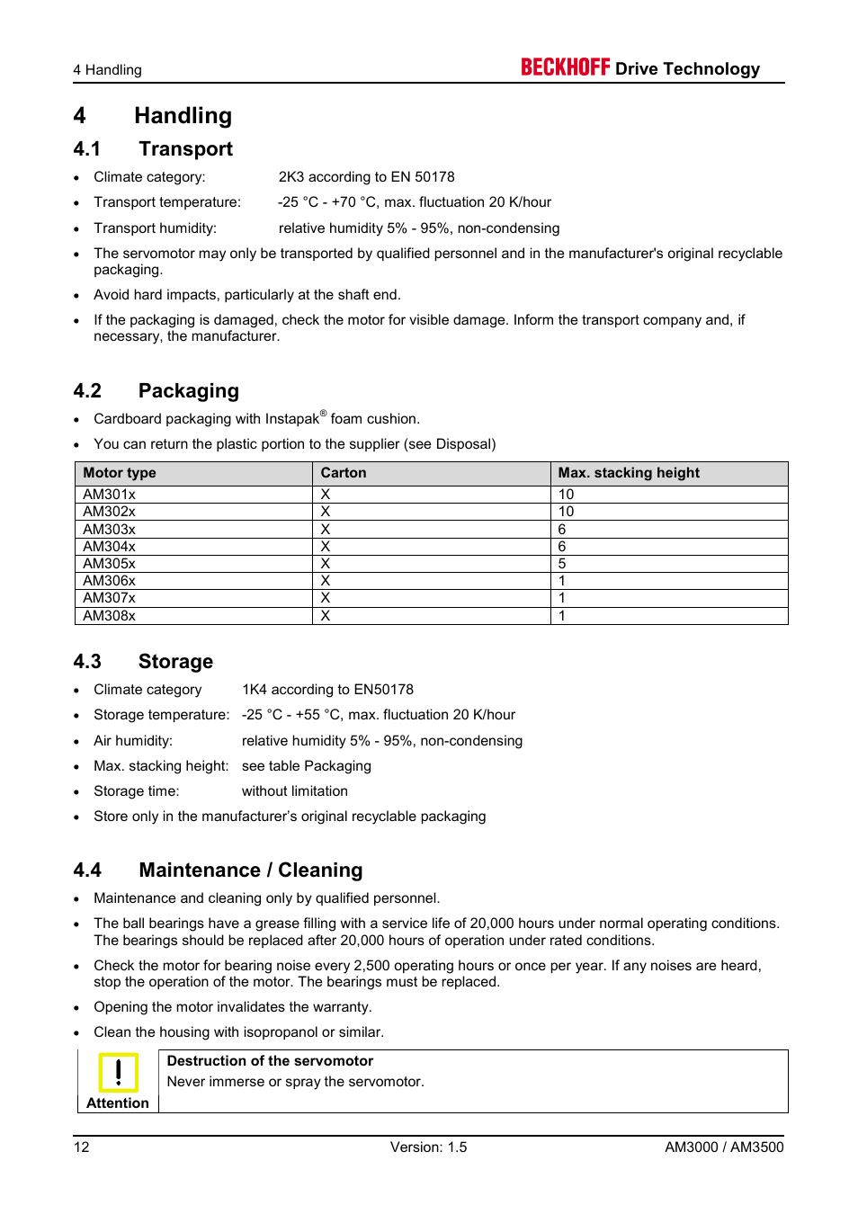 4 handling, 1 transport, 2 packaging | 3 storage, 4 maintenance / cleaning, 4handling, Drive technology | BECKHOFF AM3000 User Manual | Page 12 / 65